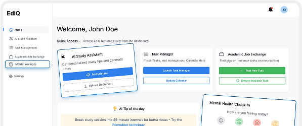 EDIQ desktop platform interface with AI productivity tools for students